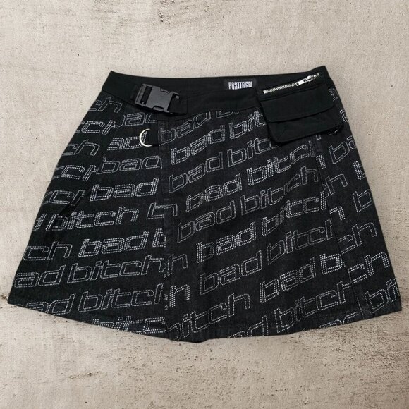 Poster Grl ✦ Black Denim Wrap Skirt ✦ Belted Pocket Text Print Size M NWT - Picture 3 of 13